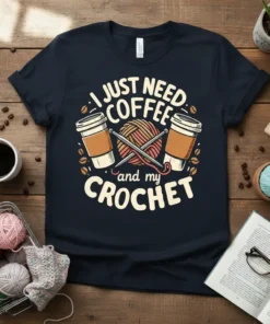 I Just Need Coffee and My Crochet t-shirt design with coffee cups and yarn ball graphic