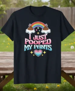 Black t-shirt with "I Just Pooped My Pants" text, featuring a rainbow, clouds, and poop emojis above a heart graphic