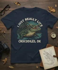 I Just Really Like Crocodiles, OK text with a detailed illustration of a crocodile in water on a navy blue