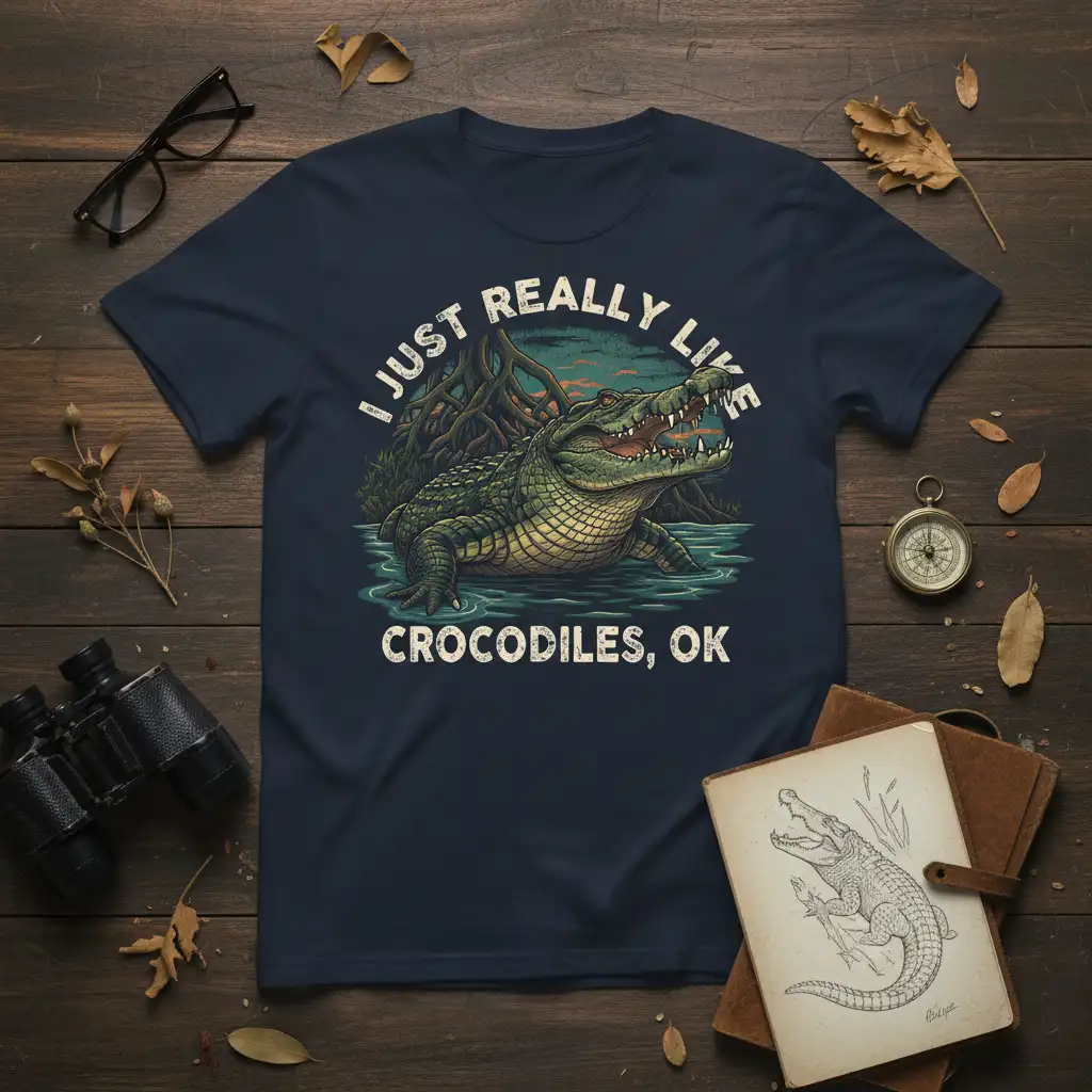 I Just Really Like Crocodiles, OK text and graphic featuring a detailed crocodile in water on a navy t-shirt