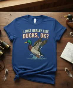 T-shirt with the text "I JUST REALLY LIKE DUCKS, OK?" and a graphic of a mallard duck in flight