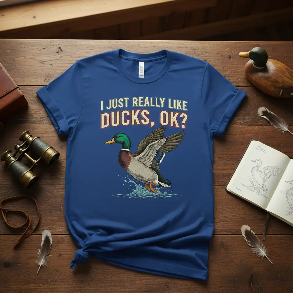 I JUST REALLY LIKE DUCKS, OK? quote and mallard duck graphic on a royal blue t-shirt