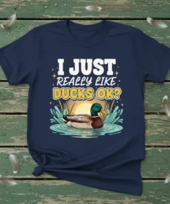 I JUST REALLY LIKE DUCKS OK? quote with a mallard duck swimming in water and reeds graphic