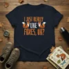 I Just Really Like Foxes, UK? text with two cartoon foxes on a navy blue t-shirt