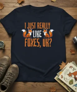 I Just Really Like Foxes, UK? text with two cartoon foxes on a navy blue t-shirt