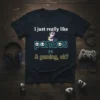 T-shirt with white text "I just really like", a panda character wearing headphones holding a game controller, the word "pandas"