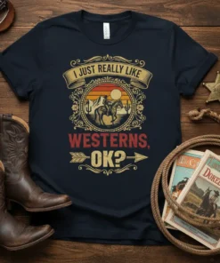 T-shirt with "I Just Really Like Westerns, OK?" text and cowboy riding horse graphic