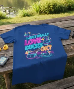 I Just Really Love Ducks OK? neon text design with four cute cartoon ducks on a blue t-shirt