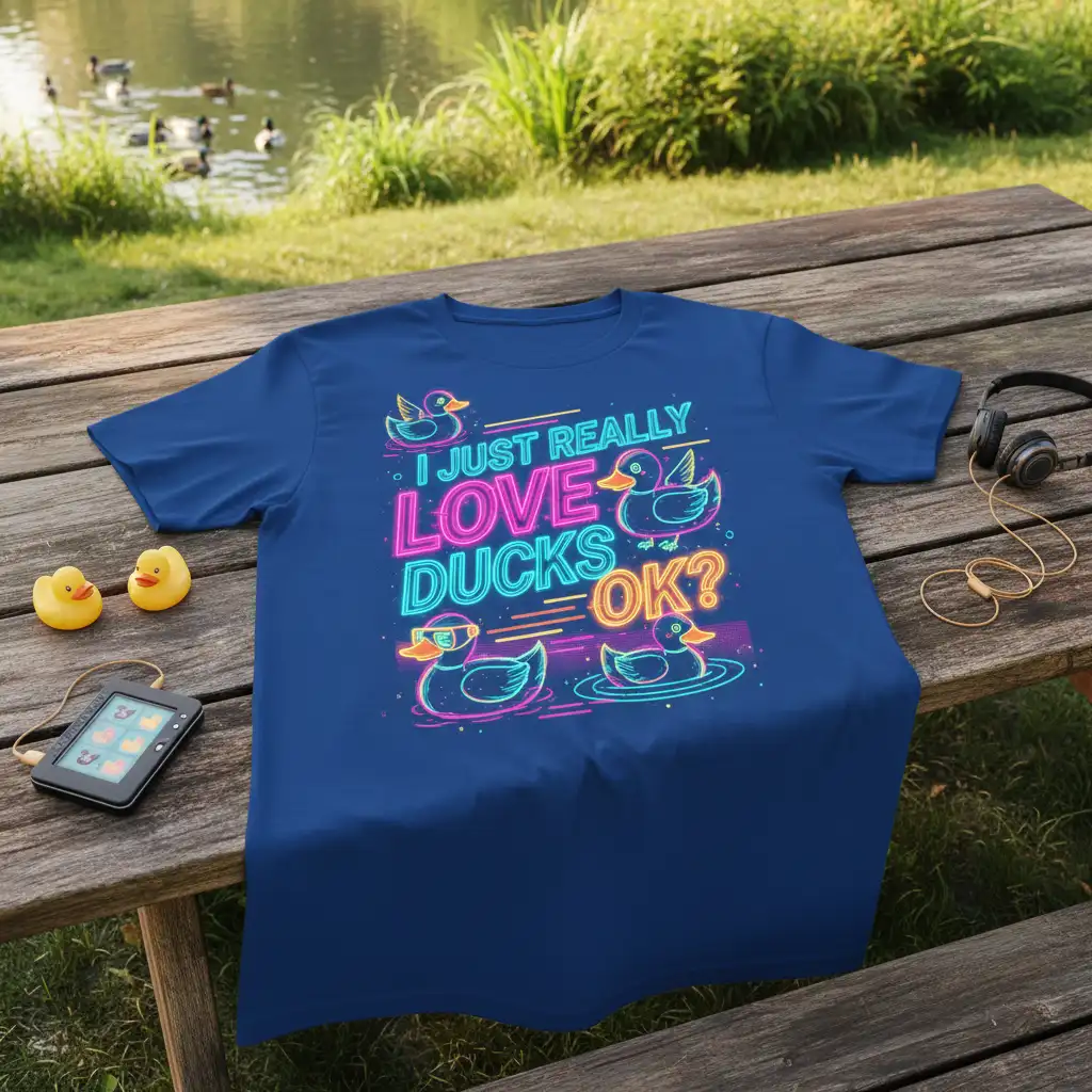 I Just Really Love Ducks OK? neon quote with cartoon ducks on a blue t-shirt