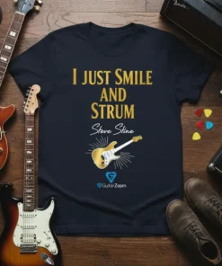 Navy t-shirt with gold text "I JUST SMILE AND STRUM Steve Stine" and a graphic of a golden electric guitar