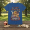 Blue t-shirt with "I Just Turned 5 Welcome To My Circus" text and cartoon circus animals graphic for a 5th