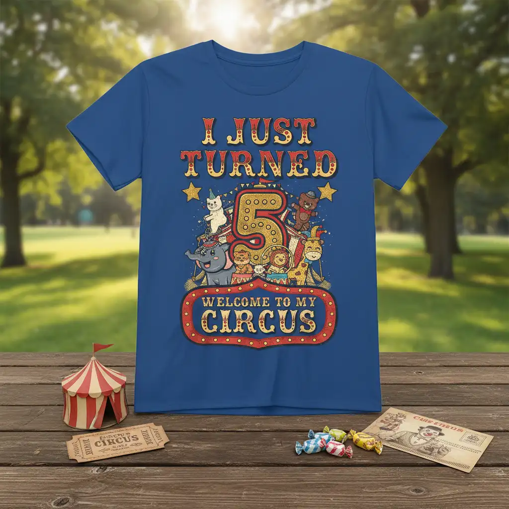 I Just Turned 5 Welcome To My Circus birthday t-shirt featuring cartoon circus animals and celebratory text