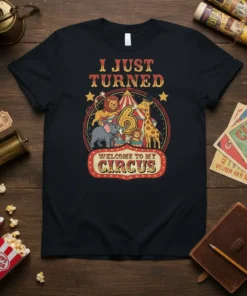 I Just Turned 6 Welcome To My Circus T-Shirt design with lion, elephant, giraffe, and big top tent graphic