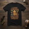 I Just Turned 8 Welcome To My Circus birthday t-shirt with colorful circus animals, number 8, and festive typography
