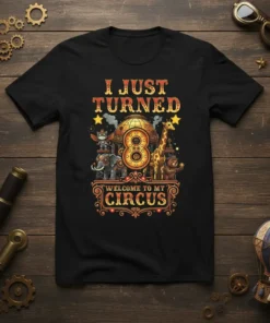 I Just Turned 8 Welcome To My Circus birthday t-shirt with colorful circus animals, number 8, and festive typography