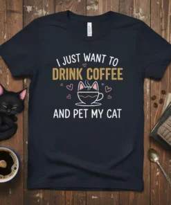 I Just Want To Drink Coffee And Pet My Cat t-shirt with coffee cup and cat ears graphic