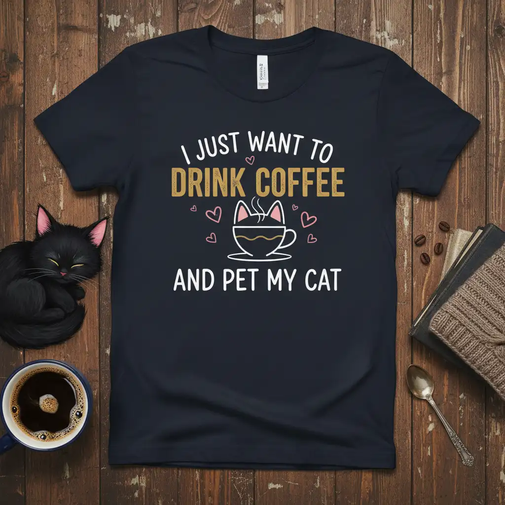 I Just Want To Drink Coffee And Pet My Cat quote on t-shirt with coffee cup and cat ears graphic