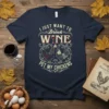 I Just Want To Drink Wine & Pet My Chickens quote on a navy t-shirt with rooster and hen graphics