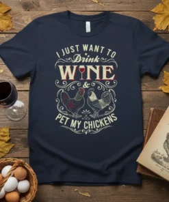 I Just Want To Drink Wine & Pet My Chickens quote on a navy t-shirt with rooster and hen graphics