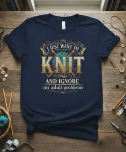 I Just Want To Knit And Ignore My Adult Problems text design with knitting needles and yarn graphic