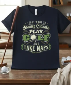 I JUST WANT TO SMOKE CIGARS PLAY GOLF AND TAKE NAPS text design with golf ball and clubs graphic
