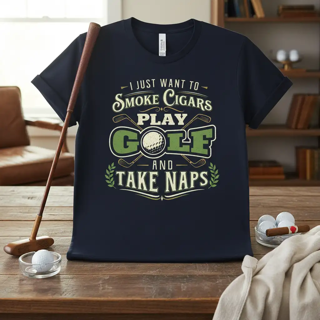 I JUST WANT TO SMOKE CIGARS PLAY GOLF AND TAKE NAPS quote with golf ball and club graphics on t-shirt