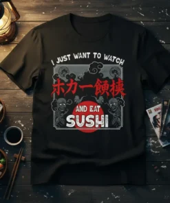Black t-shirt with "I Just Want To Watch And Eat Sushi" design, featuring Japanese characters, spooky skeletons, and sushi graphic