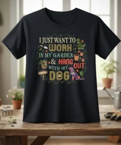 I Just Want to Work in My Garden & Hang Out With My Dog quote on a black t-shirt with