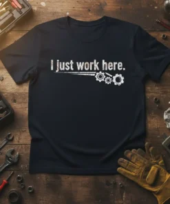 Black t-shirt with white text "I just work here." and gear graphic, suitable for mechanics and technicians