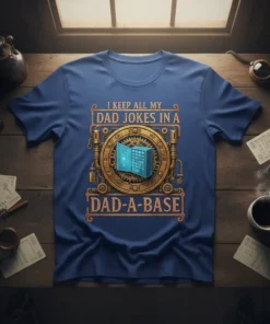 I KEEP ALL MY DAD JOKES IN A DAD-A-BASE text on a blue t-shirt with steampunk-inspired database graphic