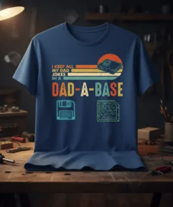 T-shirt with "I Keep All My Dad Jokes In A Dad-A-Base" text and retro computer graphics, including a floppy disk