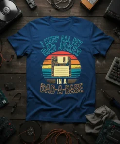 T-shirt with "I Keep All My Dad Jokes In A Dad-A-Base" text and vintage floppy disk graphic, retro sunset background