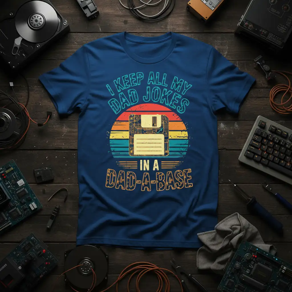I Keep All My Dad Jokes In A Dad-A-Base phrase with vintage floppy disk graphic and retro sunset design