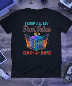 I Keep All My Dad Jokes In A Database Dad-A-Base t-shirt featuring a server rack graphic with the word DATABASE