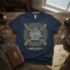 Navy t-shirt with ornate circular design featuring text "I Kept The Inside Inside Thoughts Inside" and "Ridoc Gamlyn"
