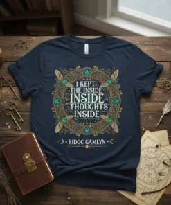 Navy t-shirt with ornate circular design featuring text "I Kept The Inside Inside Thoughts Inside" and "Ridoc Gamlyn"