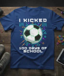 I Kicked 100 Days of School text with a soccer ball graphic on a blue t-shirt, designed for students