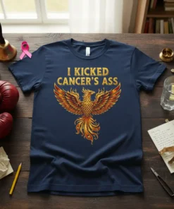 Navy blue t-shirt with "I Kicked Cancer's Ass" text above a golden phoenix graphic
