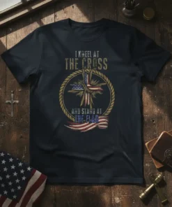I Kneel At The Cross And Stand At The Flag t-shirt design featuring a cross with American flag elements within