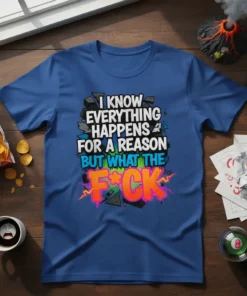 Blue t-shirt with "I Know Everything Happens For A Reason But What The F*ck" in bold, colorful graffiti-style text