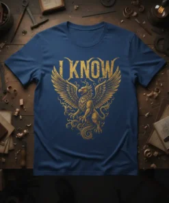 Blue t-shirt with "I KNOW" text above a golden griffin illustration with spread wings