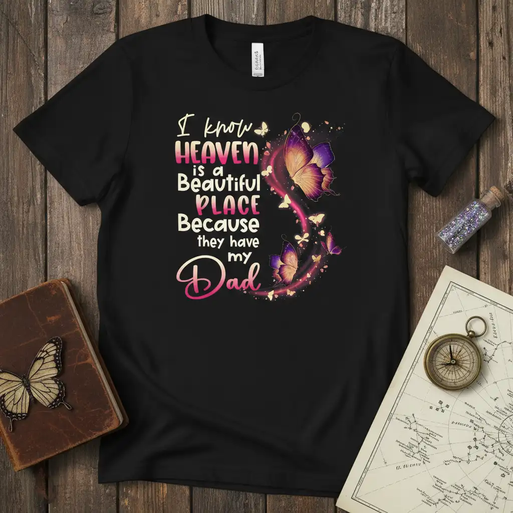 Touching quote I know HEAVEN is a Beautiful PLACE Because they have my Dad on a black tee with butterflies
