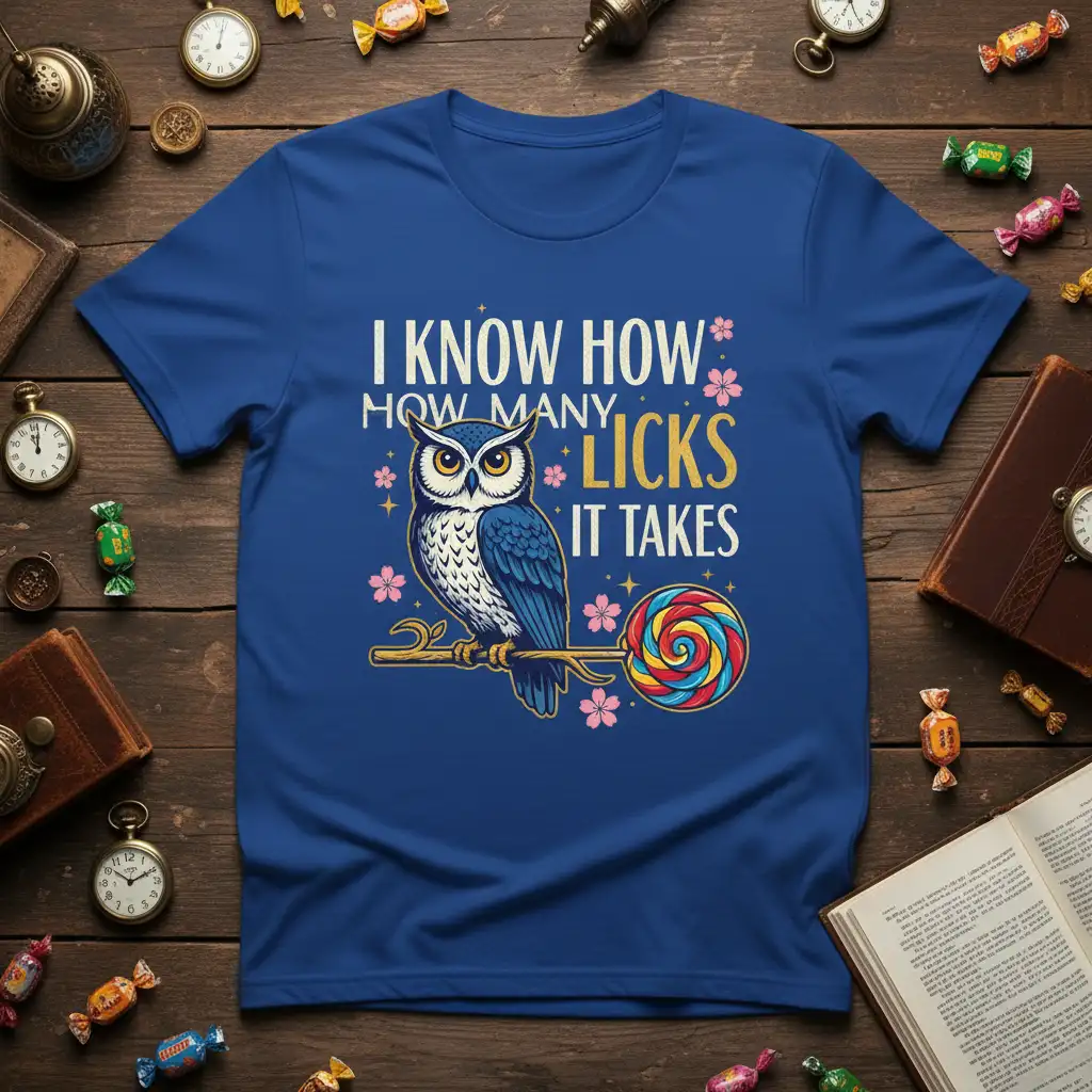 I Know How How Many Licks It Takes quote with an owl holding a lollipop on a t-shirt