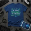 Blue t-shirt with "I know HTML (How to Meet Ladies)" text in green, circuit board design elements