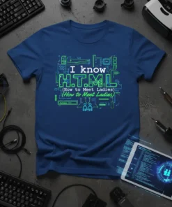 Blue t-shirt with "I know HTML (How to Meet Ladies)" text in green, circuit board design elements
