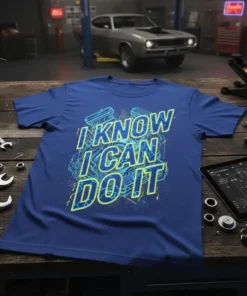 Blue t-shirt with "I Know I Can Do It" text in yellow and blue, featuring an engine graphic