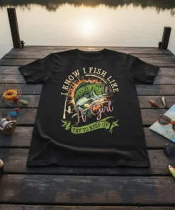 T-shirt with "I Know I Fish Like A Girl Try To Keep Up" text and bass fish graphic, designed for