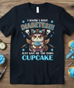 Steampunk cat wearing goggles and wings, holding a cupcake, with text "I Know I Have Diabetes!!! Just Give Me The