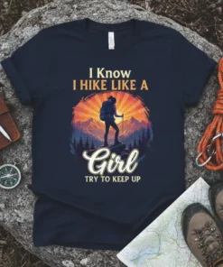 I Know I Hike Like A Girl Try To Keep Up quote with a female hiker silhouette against a sunset