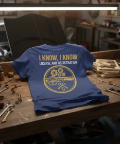 Blue t-shirt with yellow text "I Know, I Know License and Registration" and a graphic of car keys, steering wheel